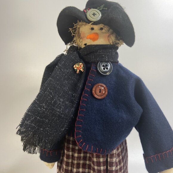 Lg Primitive Snowman Woman Fabric Folk Art Handcrafted Figure Winter Decor 19in - Picture 2 of 9